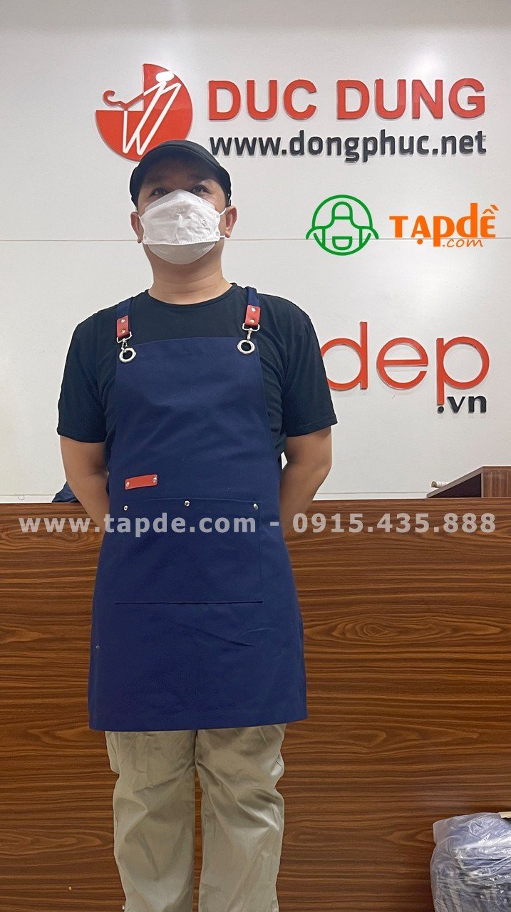 Tạp dề dáng dài màu xanh dương - sản phẩm handmade - Tạp dề phối da | Tap de dong phuc